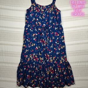 Beachlunchlounge Blue Floral Midi Dress w/ Pockets Tie Waist Size L NWT